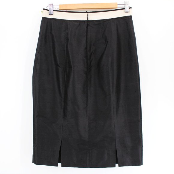 Jill Stuart Black Silk Pencil Skirt Velvet Flower Waistband Ribbon Detail M/6/ 8 - Picture 3 of 6